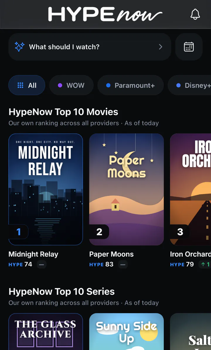 HypeNow-Startseite in der Welt Streaming: der Anbieter-Filter und die HypeNow Top 10 Filme und Serien, mit erfundenen Titeln. – Ansicht der englischen App-Version